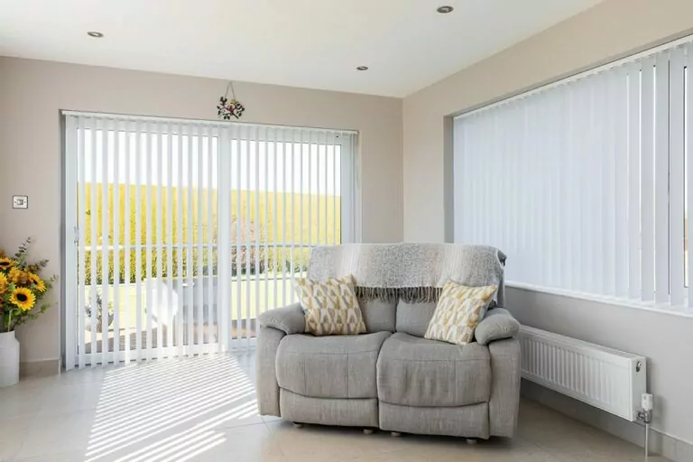 vertical blinds in bright living space
