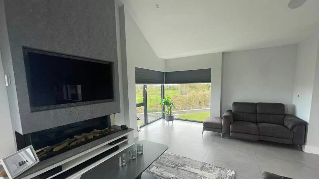 self build grey cellular blinds in a modern living room in Northern Ireland