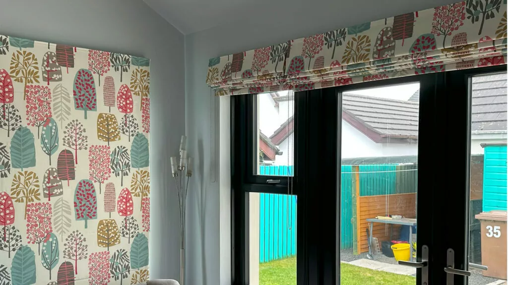 A thermal roman blind using a patterned blackout material to provide insulation over the window