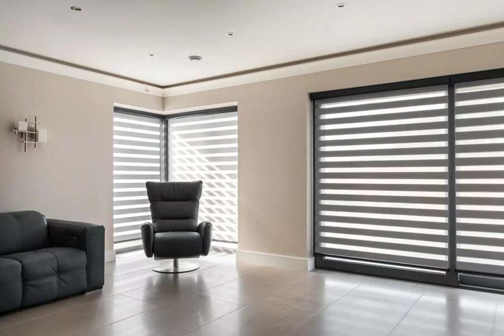 Motorised Aura Blinds in open plan living and dining space